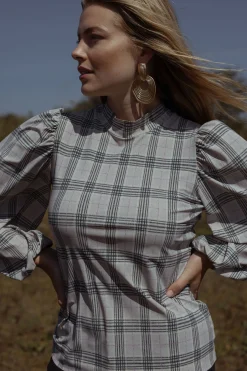 Ines check top - grey melange/antraciet