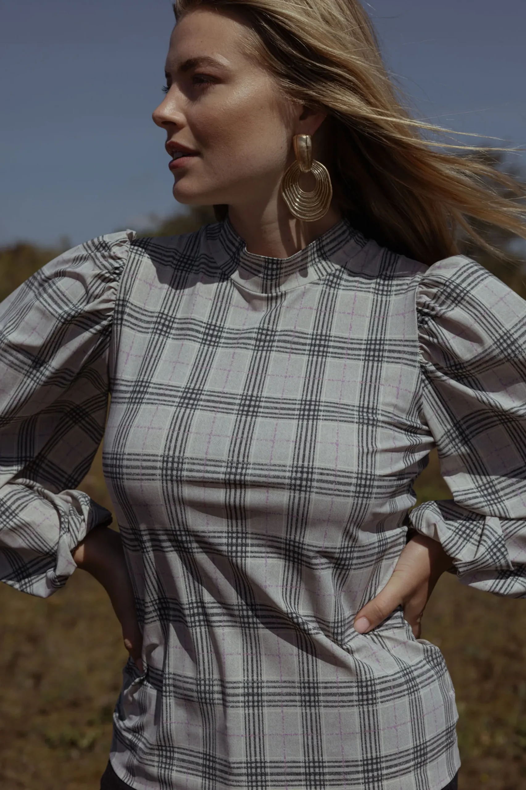 Ines check top - grey melange/antraciet