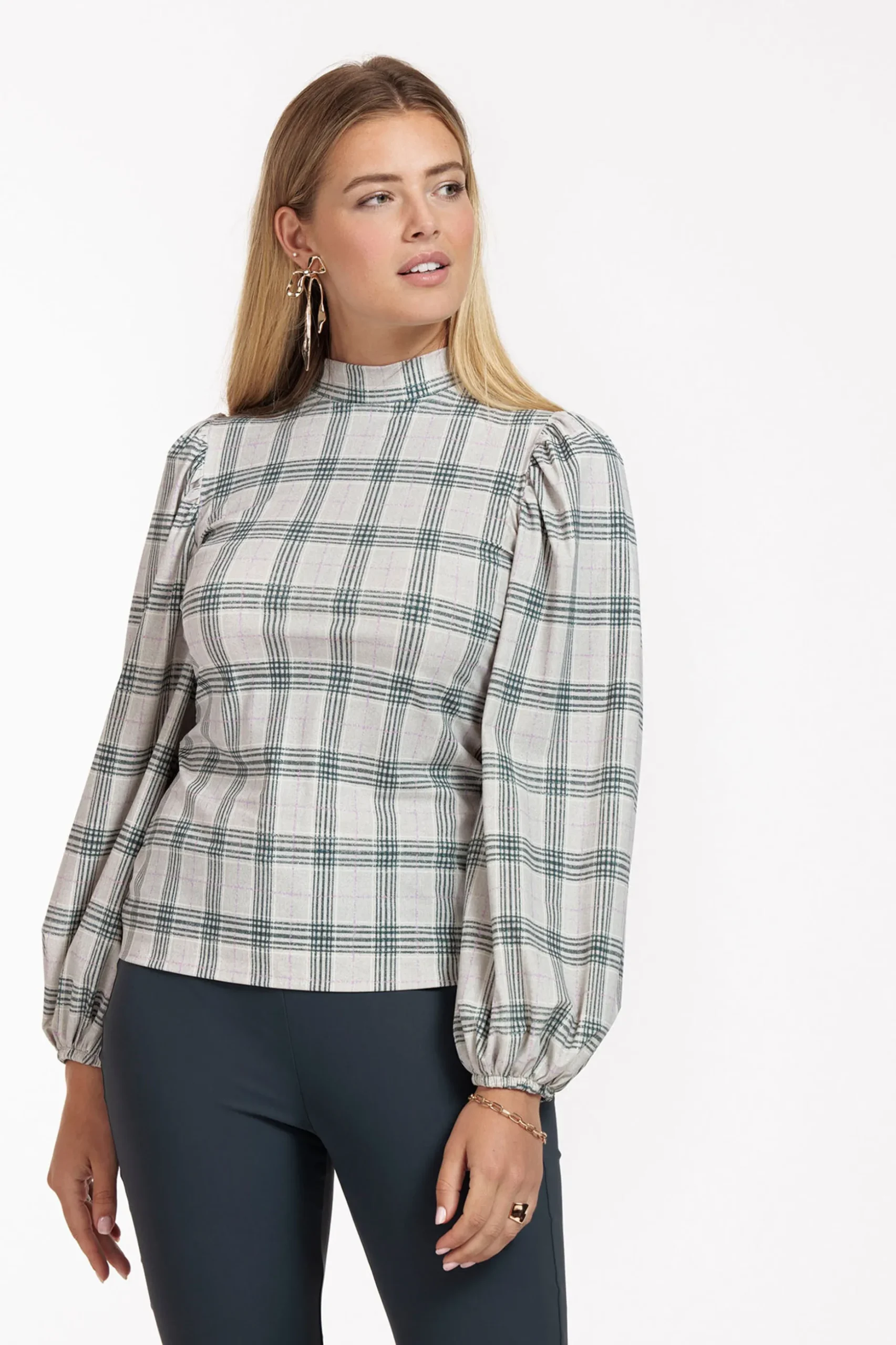 Ines check top - grey melange/antraciet