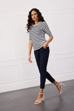 Luna stripe short slv pullover - off white/dark blue