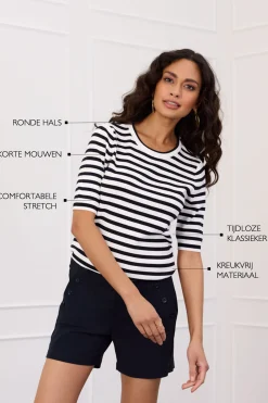 Luna stripe short slv pullover - off white/dark blue